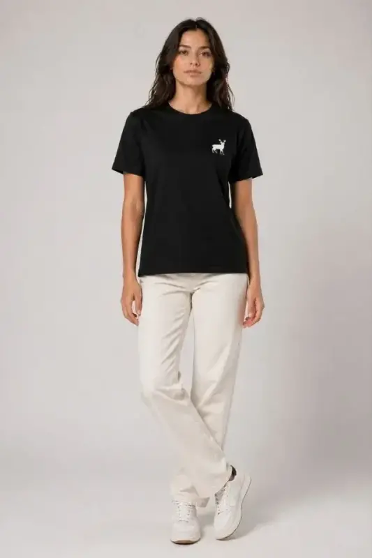 Minimal Geyik Logolu Tişört Bisiklet Yaka Kısa Kol Yazlık T-Shirt - Siyah - 4