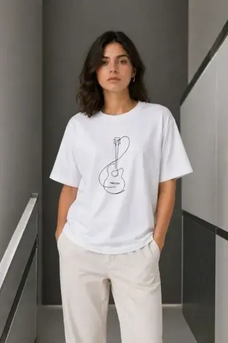 Minimal Gitar Baskılı Tişört T-Shirt Yazlık Kısa Kol Bisiklet Yaka T-Shirt - Beyaz - 2