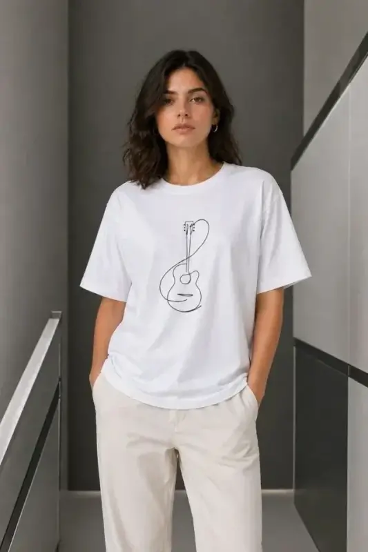 Minimal Gitar Baskılı Tişört T-Shirt Yazlık Kısa Kol Bisiklet Yaka T-Shirt - Beyaz - 2