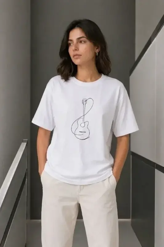 Minimal Gitar Baskılı Tişört T-Shirt Yazlık Kısa Kol Bisiklet Yaka T-Shirt - Beyaz - 3