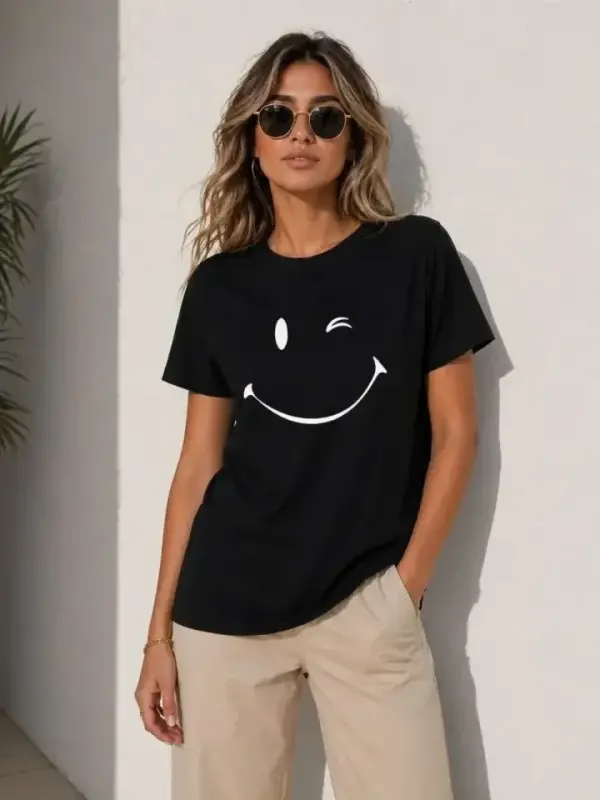Minimal Gülümseyen Yüz Baskılı Tişört Kısa Kol Yazlık T-Shirt - Siyah - 3