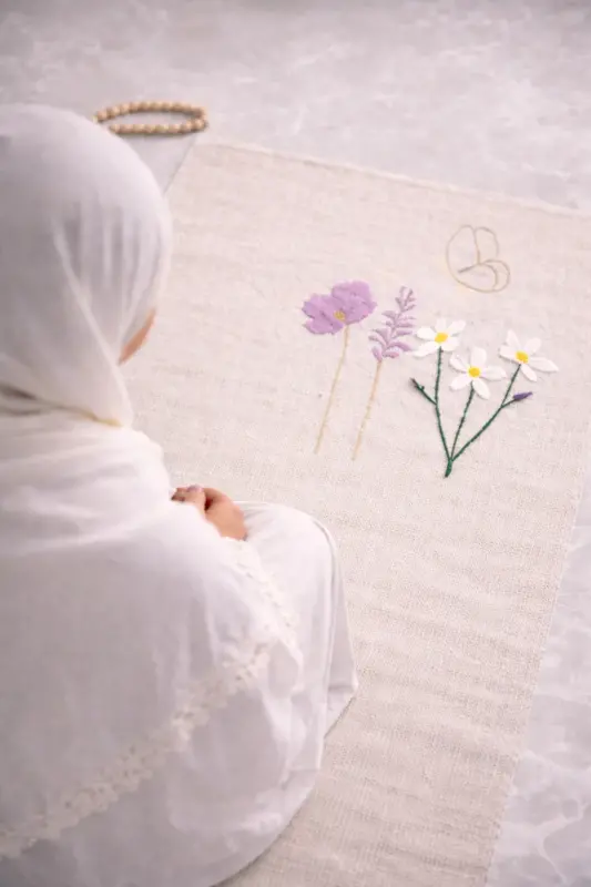 Minimal Işlemeli Keten Seccade Namazlık - Çeyizlik Hediyelik Çanta Seccadesi-Bej2 - 1