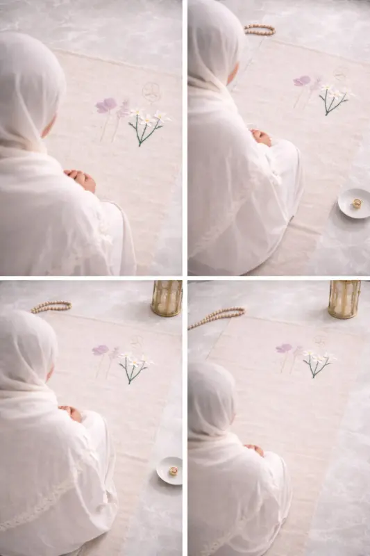 Minimal Işlemeli Keten Seccade Namazlık - Çeyizlik Hediyelik Çanta Seccadesi-Bej2 - 4