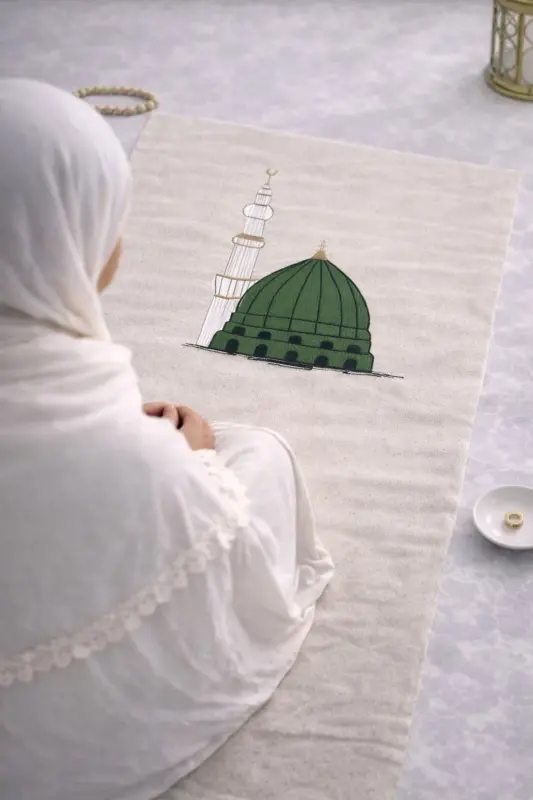 Minimal Işlemeli Keten Seccade Namazlık - Çeyizlik Hediyelik Çanta Seccadesi - Bej4 - 1