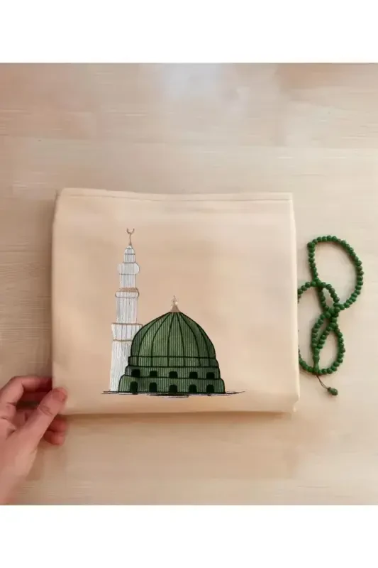 Minimal Işlemeli Keten Seccade Namazlık - Çeyizlik Hediyelik Çanta Seccadesi-Bej4 - PERDEPLUS