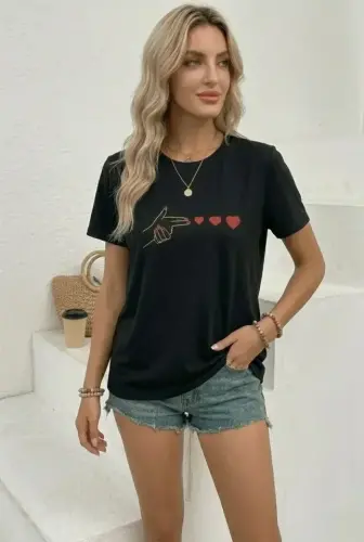 Minimal Kalp İşaret Baskılı Tişört Kısa Kol Yazlık T-Shirt - Siyah - 3