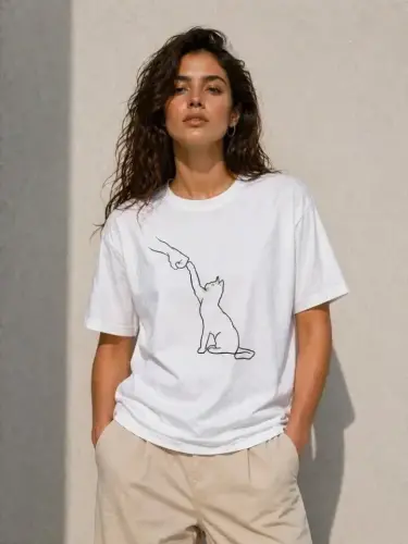 Minimal Kedi Çizim Baskılı Tişört Kısa Kol Yazlık T-Shirt - Beyaz - 3