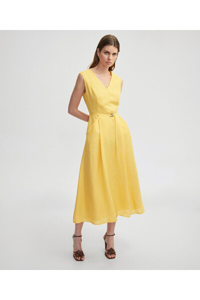 Minimal metal buckle linen dress - İPEKYOL (1)