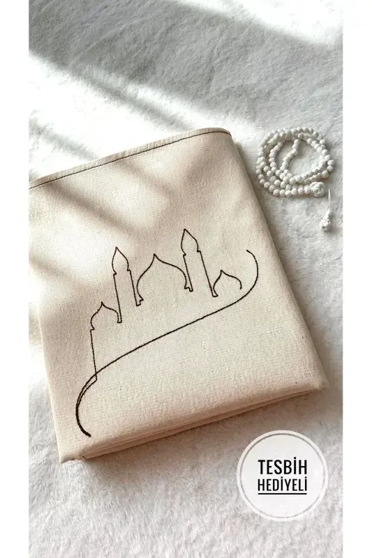 Minimal naqshli kashtado‘zlik zig‘ir matosidan tikilgan joynamoz - sep uchun sovg‘a sumkasi bilan - bej2 - NURDAN KESKIN