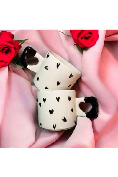 Minimalist Set of 2 Black Heart Patterned Handmade Natural Ceramic Heart Mug - Tea & Coffee Cup - 5