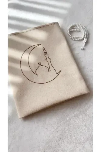 Минималистичный вышитый льняной коврик для намаза - Приданое, подарок, коврик для намаза в сумке - Бежевый4 - 1