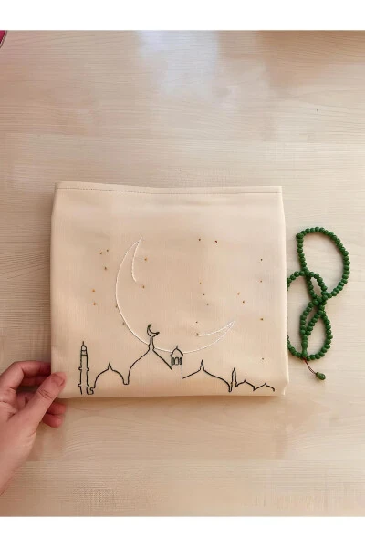 Минималистски украшенный льняной коврик для молитвы - подарочный коврик для молитвы в мешочке для приданного - 1