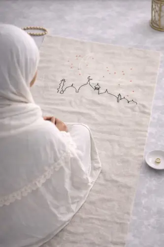 Минималистски украшенный льняной коврик для молитвы - подарочный коврик для молитвы в мешочке для приданного - PERDEPLUS (1)