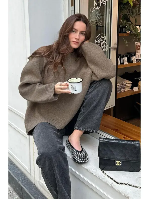 Mink Bicycle Collar Oversize Knitwear Sweater Mg1972-Beige - 2