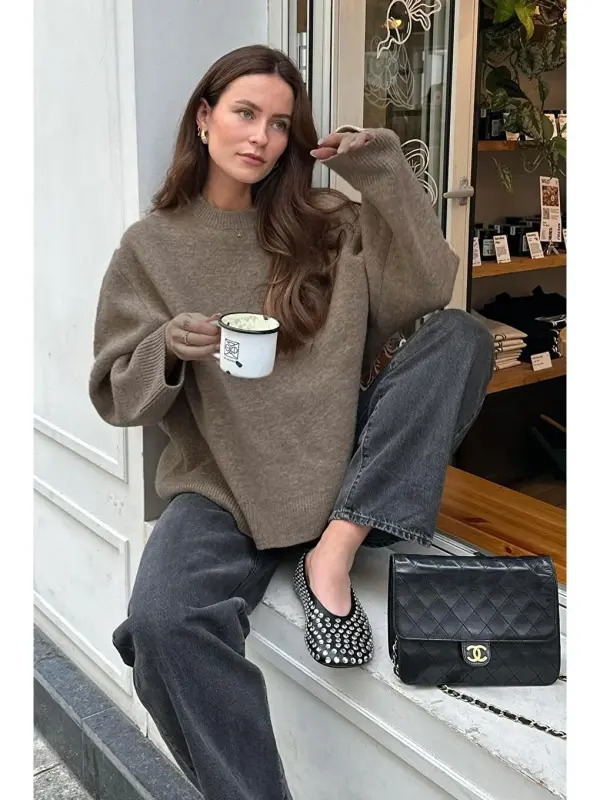 Mink Bicycle Collar Oversize Knitwear Sweater Mg1972-Beige - 3