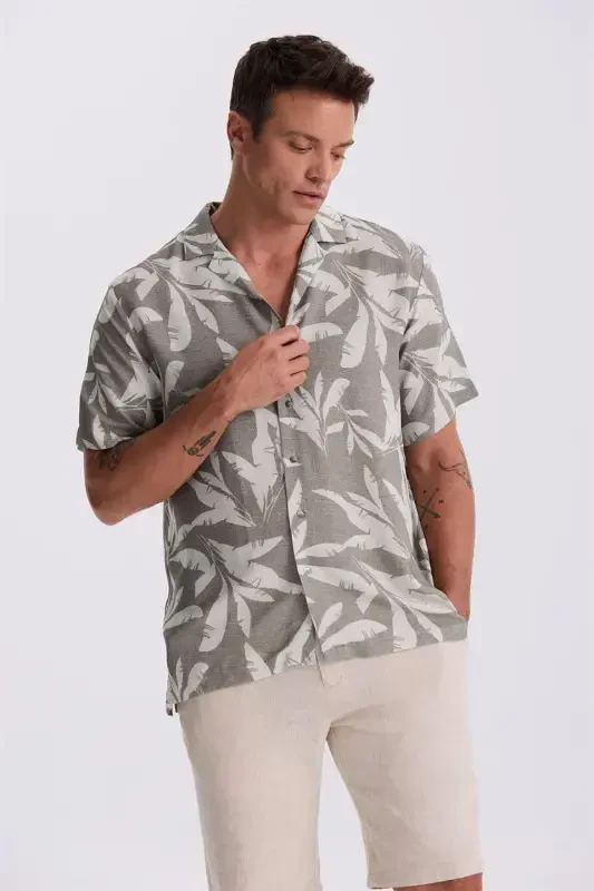 Mink Classic Fit Cuban Collar Patterned Relaxed Fit Linen Blend Short Sleeve Shirt - Modazone