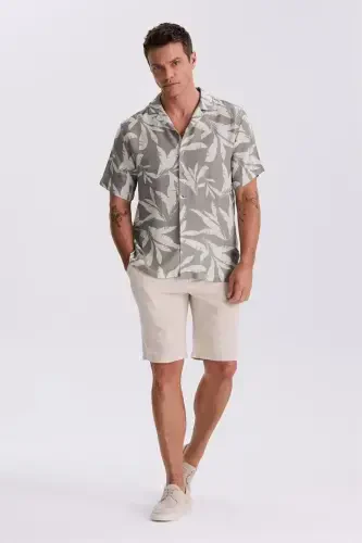 Mink Classic Fit Cuban Collar Patterned Relaxed Fit Linen Blend Short Sleeve Shirt - Modazone (1)