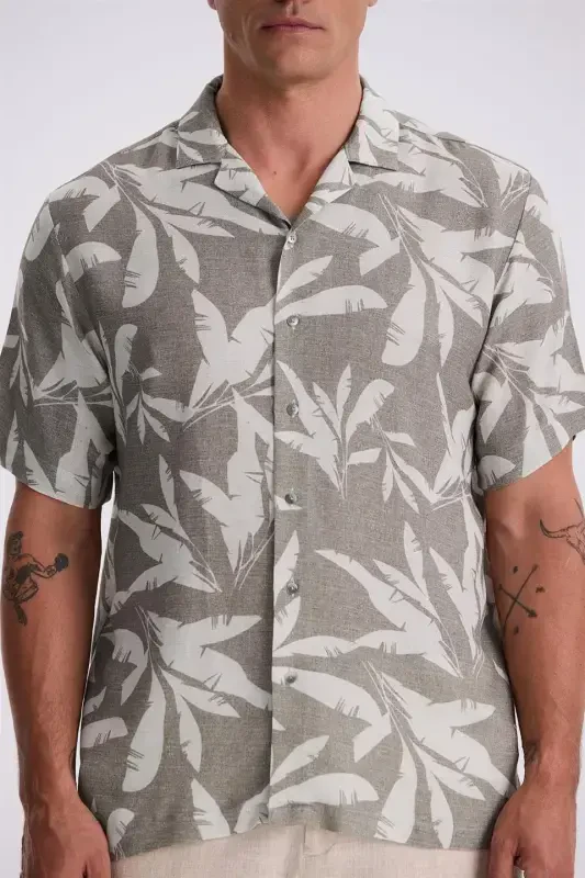 Mink Classic Fit Cuban Collar Patterned Relaxed Fit Linen Blend Short Sleeve Shirt - 3