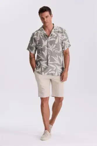 Mink Classic Fit Cuban Collar Patterned Relaxed Fit Linen Blend Short Sleeve Shirt - 2