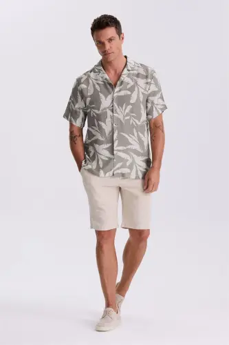 Mink Classic Fit Cuban Collar Patterned Relaxed Fit Linen Blend Short Sleeve Shirt - JAKAMEN (1)