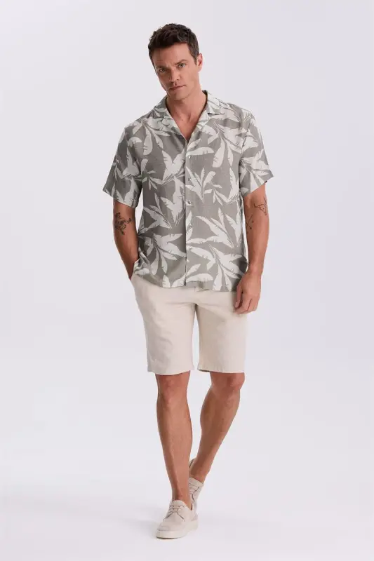 Mink Classic Fit Cuban Collar Patterned Relaxed Fit Linen Blend Short Sleeve Shirt - 2