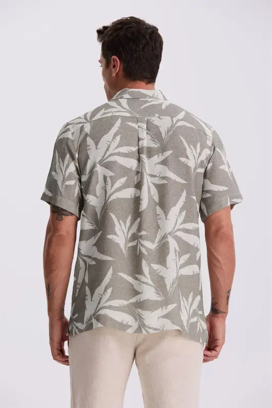 Mink Classic Fit Cuban Collar Patterned Relaxed Fit Linen Blend Short Sleeve Shirt - 4