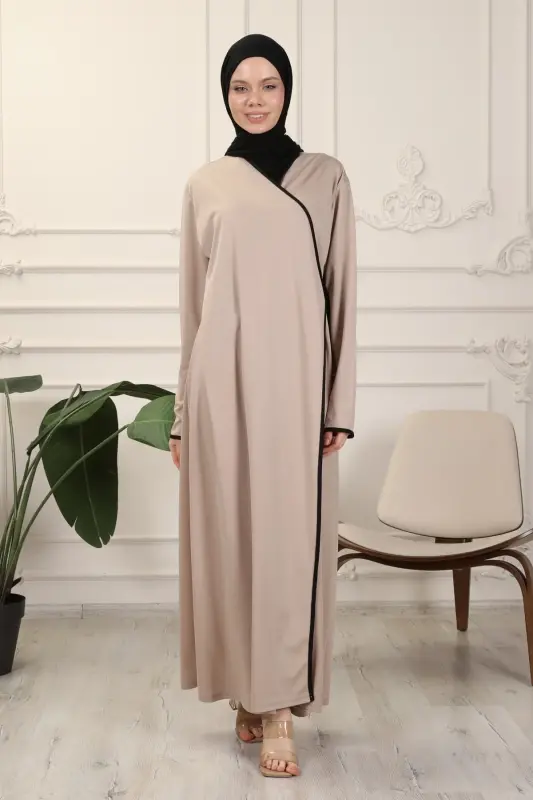 Mink Double-Breasted Collar Piping Flexible Interlock Fabric Prayer Dress-Mink - 7
