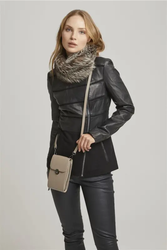 Mink Genuine Leather Crossbody Phone Bag and Zippered Card Holder Women's Bag - Mink - 6