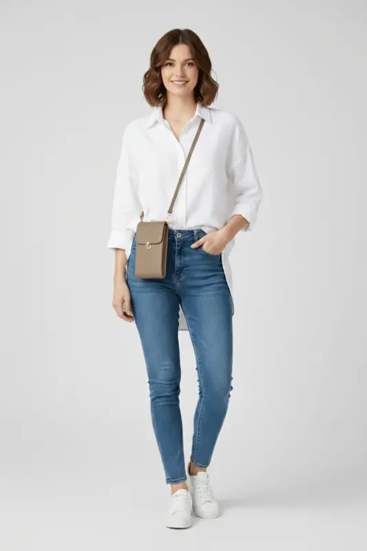 Mink Genuine Leather Crossbody Phone Bag and Zippered Card Holder Women's Bag - Mink - DERIDERIM