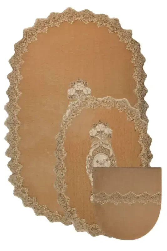 Mink Lisa 3-Piece Dowry French Lace Appliqued Toilet Set Bath Mat Rug Set - Mink - 1