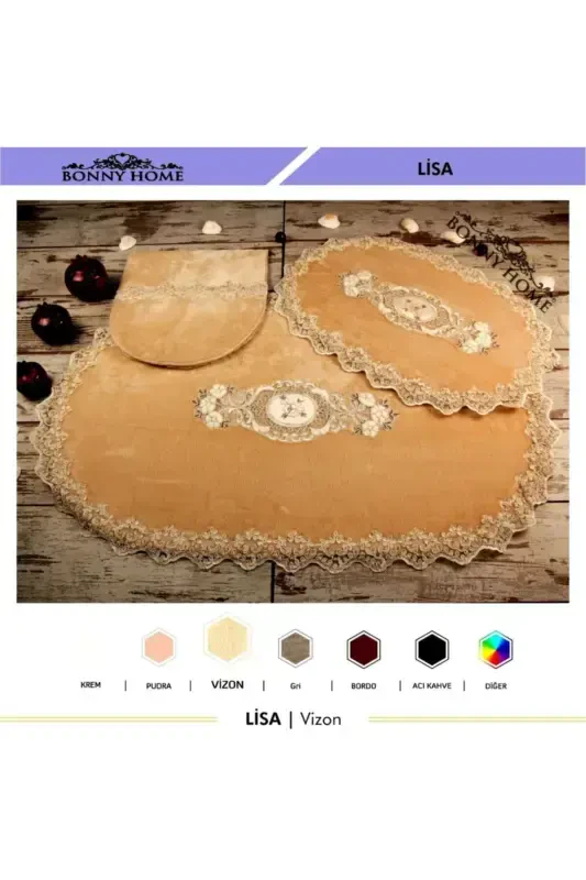 Mink Lisa 3-Piece Dowry French Lace Appliqued Toilet Set Bath Mat Rug Set - Mink - 3