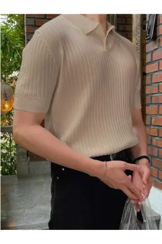 Mink Men's Ribbed Polo Neck Knitted T-Shirt-Mink - 3