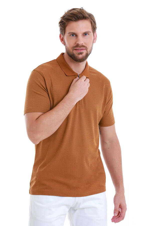 Mink Regular Fit Jacquard Polo Collar Zippered T-Shirt - 1