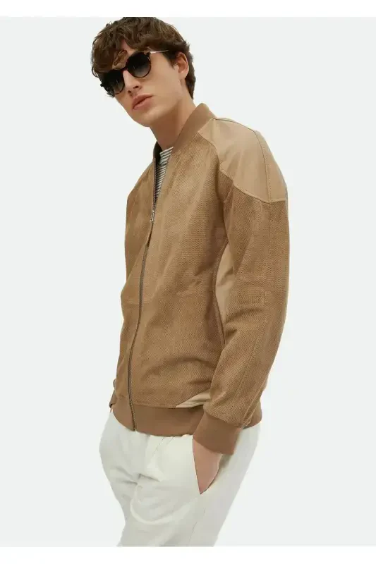 Mink Regular Fit Stand-Up Collar Casual Suede Leather Jacket - 1