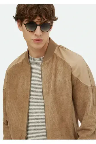 Mink Regular Fit Stand-Up Collar Casual Suede Leather Jacket - 3