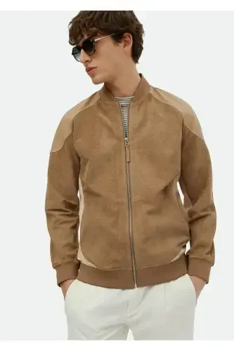 Mink Regular Fit Stand-Up Collar Casual Suede Leather Jacket - 4