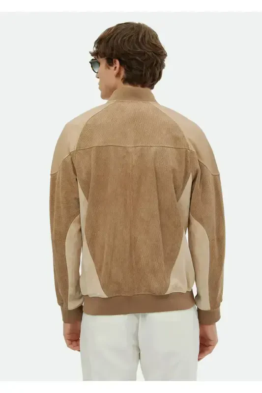 Mink Regular Fit Stand-Up Collar Casual Suede Leather Jacket - 5