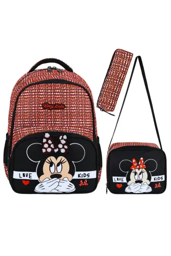 Minnie Mouse 3'lü Set Ilkokul Çantası, Termal Beslenme Çantası Ve Kalem Kutusu Seti-Siyah 