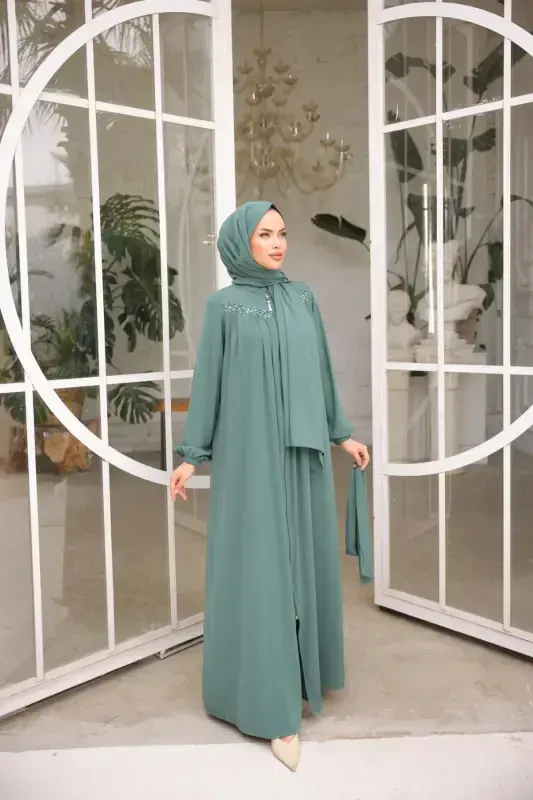 Mint Beaded Abaya Nsr5016-Mint - 6
