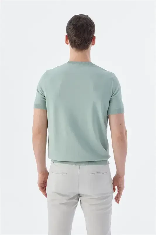Mint Beyaz Slim Fit Bisiklet Yaka Desenli Triko T-Shirt - 4