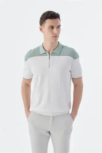 Mint Beyaz Slim Fit Fermuarlı Polo Yaka T-Shirt 