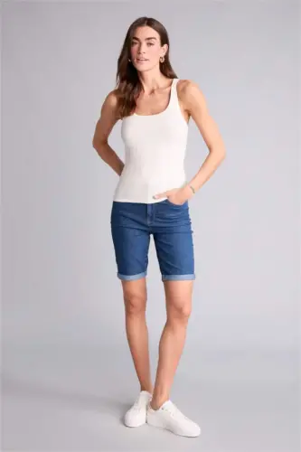 Mint blue belted wide leg jean bermuda shorts. - 1
