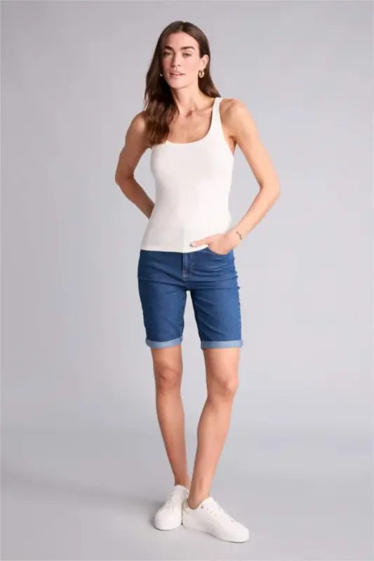 Mint blue belted wide leg jean bermuda shorts. - DEFACTO