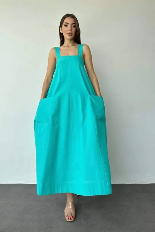 Mint Dress with Straps and Pocket - BÜYÜKBEDENIZ