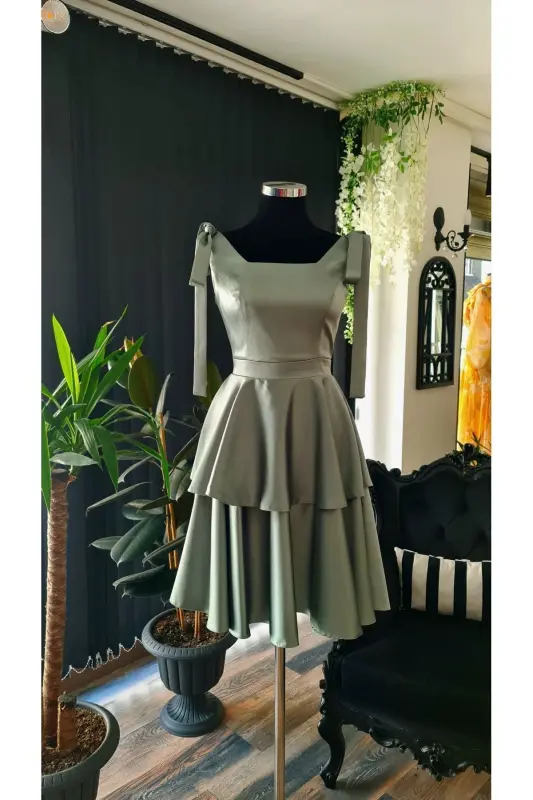 Mint Green Satin Square Neck, sleeveless, graduation dress with bows on the shoulders - mint green - MAKBULEOFFICIAL