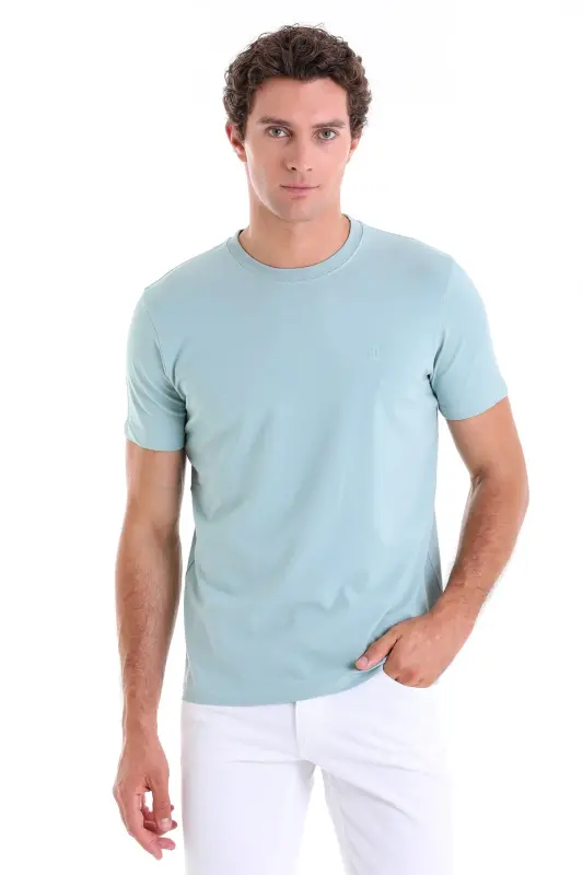 Mint Regular Fit Düz Pamuklu Bisiklet Yaka Triko Tişört - Mint - 1