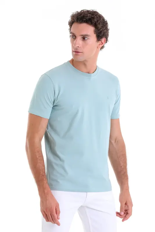 Mint Regular Fit Düz Pamuklu Bisiklet Yaka Triko Tişört - Mint - 2
