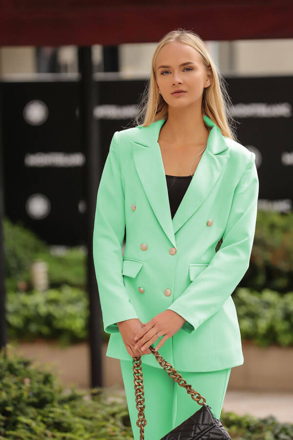 Mint Renk Gold Düğme Blazer Ceket Kemerli Cepli Boru Paça Pantolon Takım-Açık Yeşil - 2