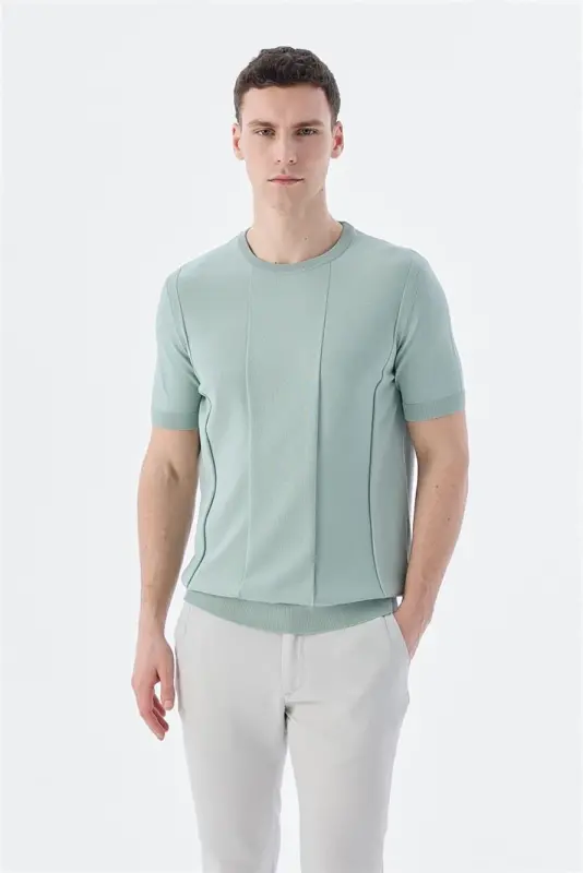 Mint Slim Fit Bisiklet Yaka Triko T-Shirt - JAKAMEN
