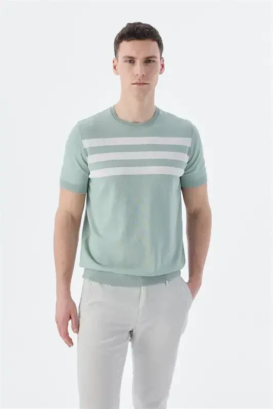 Mint White Slim Fit Crew Neck Patterned Knit T-Shirt - 1